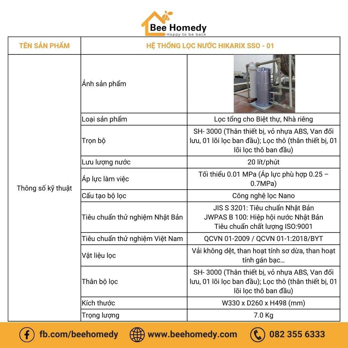 Thông số kỹ thuật của Hệ thống lọc nước Hikarix SSO-01.
