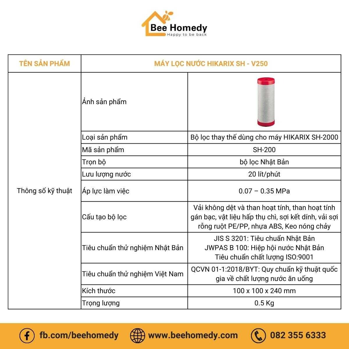 Thông số kỹ thuật của lõi lọc nước Hikarix SH-200.